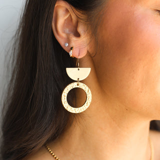 Hammered Gold Geometric Leather and Metal Drop Earrings - Nickel & Suede
