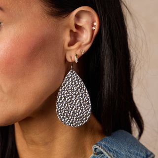 Hammered Silver Leather Teardrop Earrings - Nickel & Suede