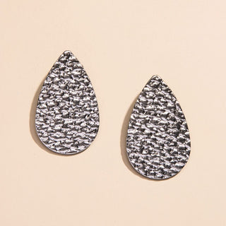 Hammered Silver Post Teardrop Leather Earrings - Nickel & Suede
