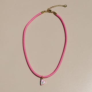 Heart Flower Hand Painted Enamel Charm Necklace - Nickel & Suede