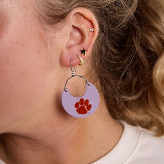 Lavender Clemson University Paw Print Nina Leather Hoop Earrings - Nickel & Suede