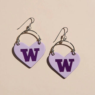 Lavender University of Washington Logo Lover Heart Hoop Earrings - Nickel & Suede
