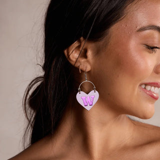 Lavender University of Washington Logo Lover Heart Hoop Earrings - Nickel & Suede