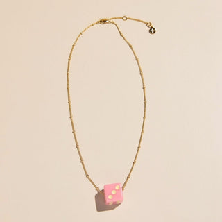 Light Pink Dice Charm Necklace - Nickel & Suede