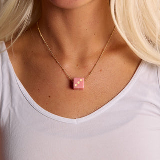 Light Pink Dice Charm Necklace - Nickel & Suede