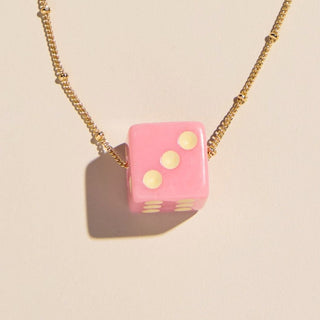 Light Pink Dice Charm Necklace - Nickel & Suede