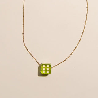 Lime Green Dice Charm Necklace - Nickel & Suede