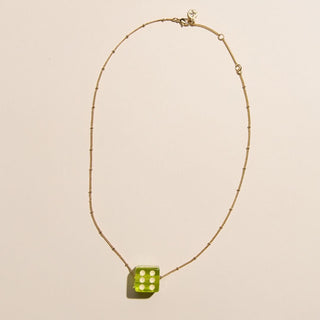 Lime Green Dice Charm Necklace - Nickel & Suede