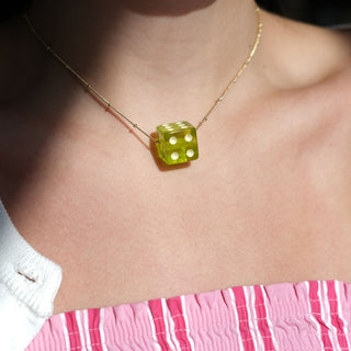 Lime Green Dice Charm Necklace - Nickel & Suede