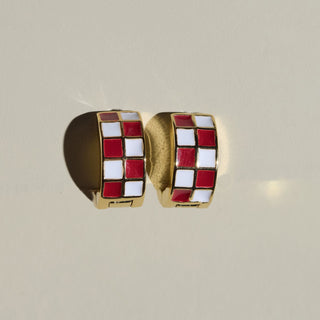 Maroon & White Checkered Enamel Huggies - Nickel & Suede