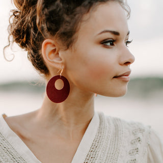Merlot Nova Circle Leather Earrings - Nickel & Suede