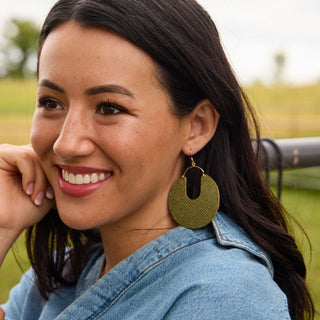 Metallic Moss Leo Leather Hoop Earrings - Nickel & Suede