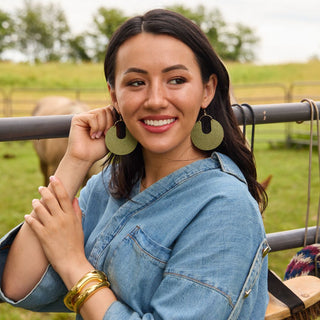 Metallic Moss Leo Leather Hoop Earrings - Nickel & Suede