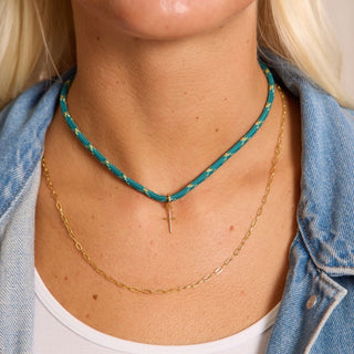 Metallic Teal Minimalist Cord Necklace - Nickel & Suede