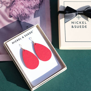 Mini Teardrop Leather Earrings - Nickel & Suede