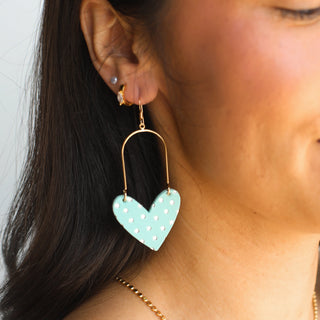 Mint Polkadot Sweetheart Heart Hoop Earrings - Nickel & Suede