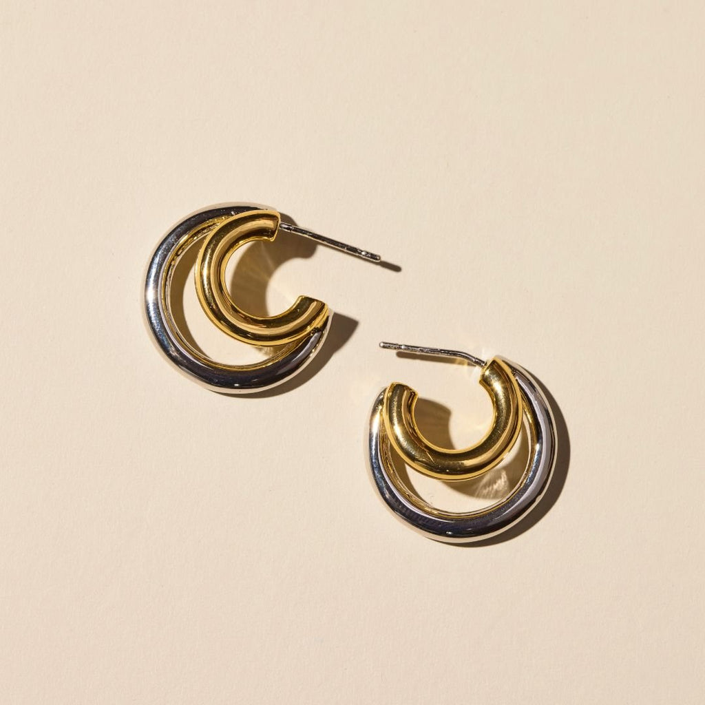 Mixed Metal Double Hoop Earrings - Nickel & Suede