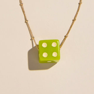 Moss Green Dice Charm Necklace - Nickel & Suede