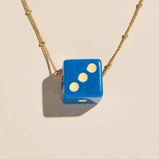 Navy Dice Charm Necklace - Nickel & Suede