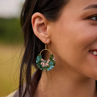 Olive Fall Floral Nina Leather Hoop Earrings - Nickel & Suede