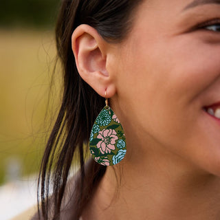 Olive Floral Teardrop Leather Earrings - Nickel & Suede