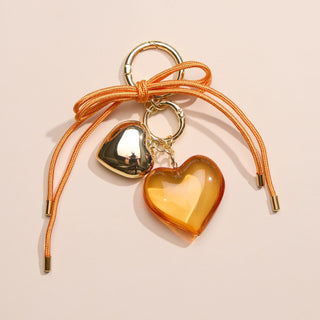 Orange Heart & Cord Bag Charm - Nickel & Suede