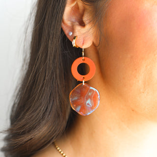 Orange Rikki Irridescent Acrylic Disc Dangle Earrings - Nickel & Suede