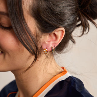 Orange & White Checkered Enamel Huggie Earrings - Nickel & Suede