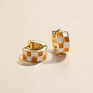 Orange & White Checkered Enamel Huggies - Nickel & Suede