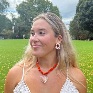 Orange & White Checkmate Avery - Nickel & Suede