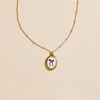 Oval Bow Hand Painted Enamel Charm Necklace with Leather Cord - Nickel & Suede