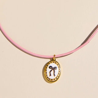 Oval Bow Hand Painted Enamel Charm Necklace with Leather Cord - Nickel & Suede