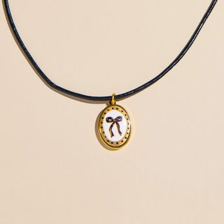 Oval Bow Hand Painted Enamel Charm Necklace with Leather Cord - Nickel & Suede