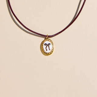 Oval Bow Hand Painted Enamel Charm Necklace with Leather Cord - Nickel & Suede