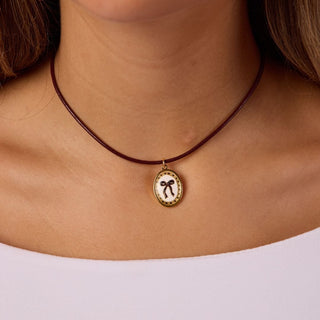 Oval Bow Hand Painted Enamel Charm Necklace with Leather Cord - Nickel & Suede