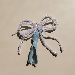 Pearl Bow Bag Charm - Nickel & Suede