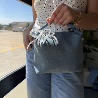Pearl Bow Bag Charm - Nickel & Suede