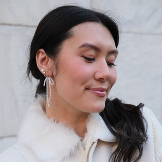 Pearl Bow Drop Earrings - Nickel & Suede