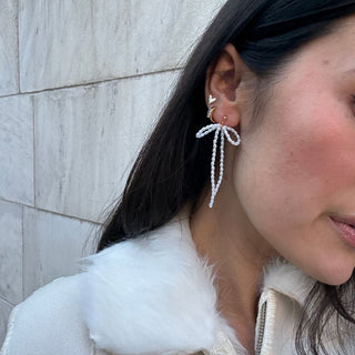 Pearl Bow Drop Earrings - Nickel & Suede