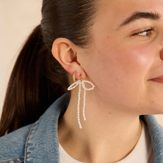 Pearl Bow Drop Earrings - Nickel & Suede