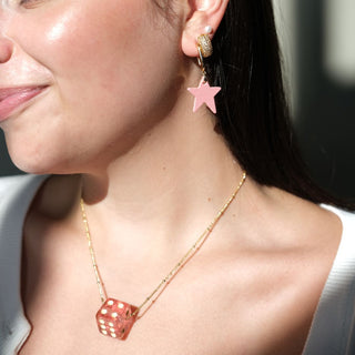 Pink Dice Charm Necklace - Nickel & Suede