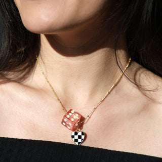 Pink Dice Charm Necklace - Nickel & Suede