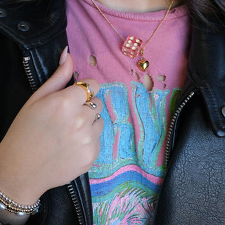 Pink Dice Charm Necklace - Nickel & Suede