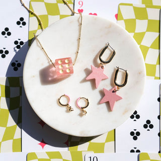 Pink Dice Charm Necklace - Nickel & Suede