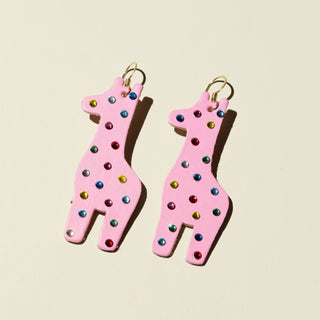 Pink Giraffe Animal Cookie Earrings - Nickel & Suede