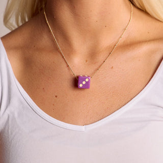 Purple Dice Charm Necklace - Nickel & Suede