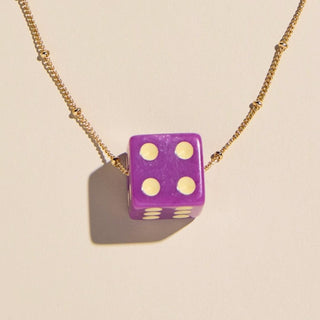 Purple Dice Charm Necklace - Nickel & Suede