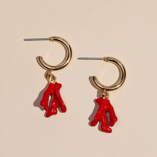 Red Coral Huggies - Nickel & Suede