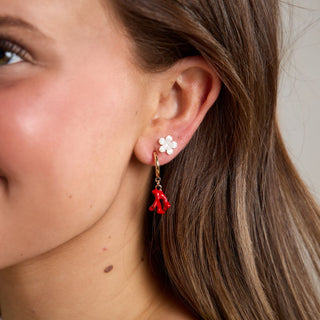 Red Coral Huggies - Nickel & Suede