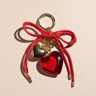 Red Heart & Cord Bag Charm - Nickel & Suede